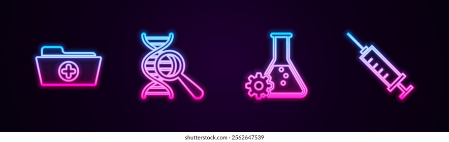 Set line Health record folder, DNA research, search, Bioengineering and Syringe. Glowing neon icon. Vector