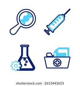 Set line Health record folder, Bioengineering, Syringe and DNA research, search icon. Vector