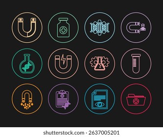 Set line Health record folder, Test tube flask, Genetic engineering, Magnet with lightning, DNA research, search, Bioengineering and Medicine bottle icon. Vector