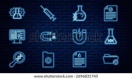 Set line Health record folder, DNA research, search, Customer attracting, Clinical on monitor, Bioengineering, Magnet with lightning and Syringe icon. Vector