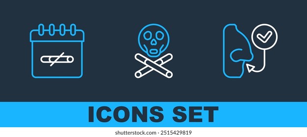 Set line Healthy breathing, No smoking days and Bones and skull icon. Vector