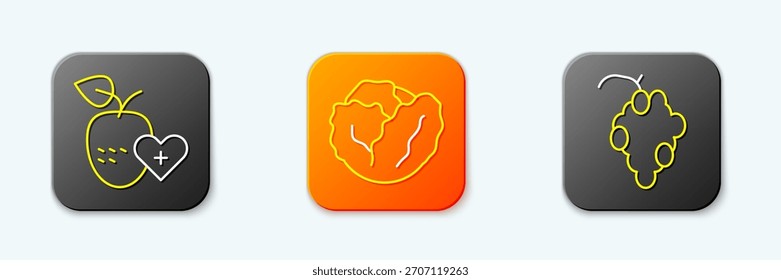 Set line Fruta saludable, repollo y uva icono. Vector