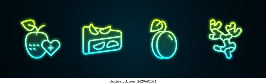Set line Healthy fruit, Homemade pie, Plum and Ginger root. Glowing neon icon. Vector