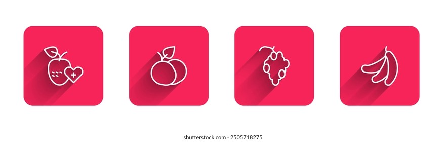 Set line Healthy fruit, Mango, Grape and Banana with long shadow. Red square button. Vector