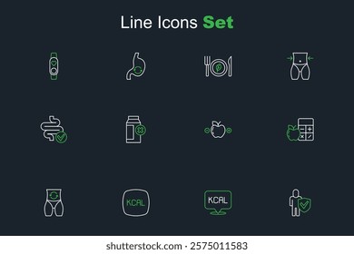 Set line Healthy lifestyle, Kcal, Metabolism, Calorie calculator, Lactose intolerance and Intestines icon. Vector