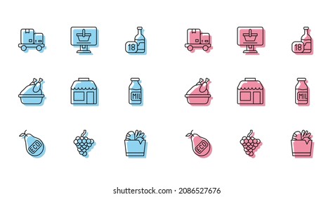 Set line Healthy organic pear, Grape fruit, Hand truck and boxes, Shopping bag food, Market store, Bottle with milk, Roasted turkey chicken and cart on computer icon. Vector