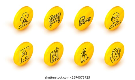 Set line Hearing aid, Grandmother, Press SOS button, X-ray shots, Poor eyesight, Disabled car, Stretcher and Head of deaf dumb icon. Vector