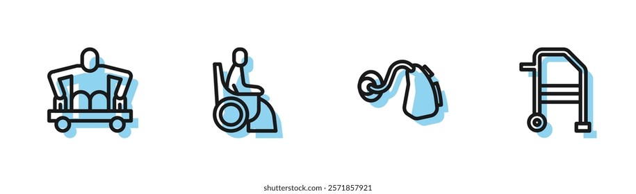 Set line Hearing aid, Man without legs sitting wheelchair, Woman and Walker icon. Vector