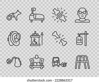 Fijar línea de ayuda auditiva, Walker, dolor de articulación, dolor de rodilla, Hombre sin piernas sentado en silla de ruedas, Perro, Ascensor para discapacitados, Carro discapacitado e ícono de bolsa IV. Vector