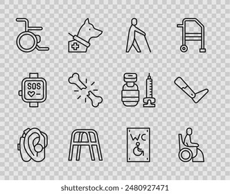 Set line Audífono, Silla de ruedas de mujer, Palo de sujeción humano ciego, Caminante, Silla de ruedas, Hueso roto humano, Aseo separado para discapacitados e icono de prótesis de pierna. Vector