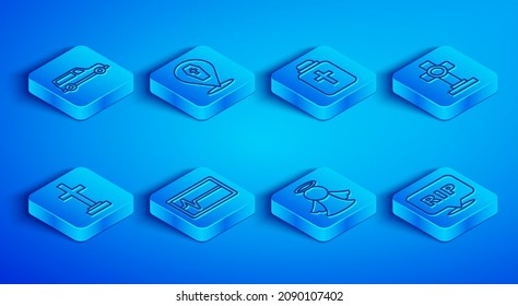 Set line Hearse car, Coffin with cross, Funeral urn, Beat dead monitor, Angel, Grave,  and Speech bubble rip death icon. Vector