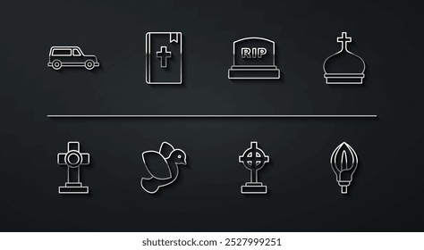 Coche de Hearse, tumba con cruz, torre de la iglesia, paloma, libro de la Biblia sagrada, flor de lirio y lápida RIP icono escrito. Vector