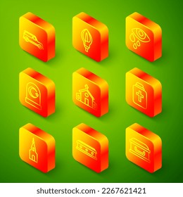 Set line Hearse car, Lily flower, Tear cry eye, Muslim cemetery, Church building, Funeral urn,  and Coffin with cross icon. Vector