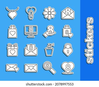 Set Linie Herz mit 8. März, Schloss in der Form des Herzens, Einkaufstasche, Blume, auf Monitor, Nekklace-Pendant und Handsymbol. Vektorgrafik