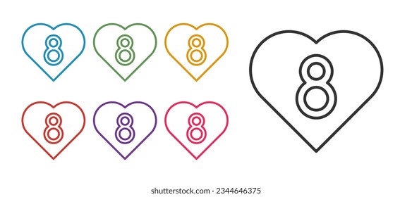 Set line Heart with 8 March icon isolated on white background. Romantic symbol linked, join, passion and wedding. Happy Women Day. Set icons colorful. Vector