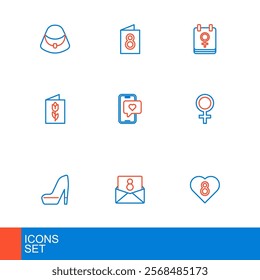 Set line Heart with 8 March, Envelope, Woman shoe, Female gender symbol, Greeting card, Mobile heart, Calendar and  icon. Vector