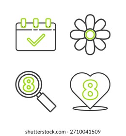 Set línea corazón con 8 de marzo, Búsqueda, flor y calendario icono. Vector