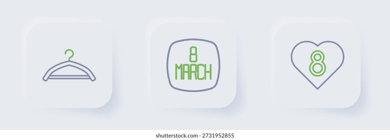 Set línea Corazón con 8 de marzo, y colgador icono de armario. Vector