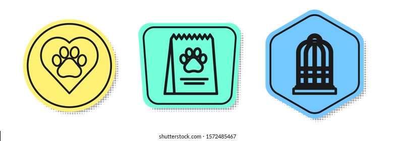 Set line Heart with animals footprint, Bag of food for dog and Cage for birds. Colored shapes. Vector