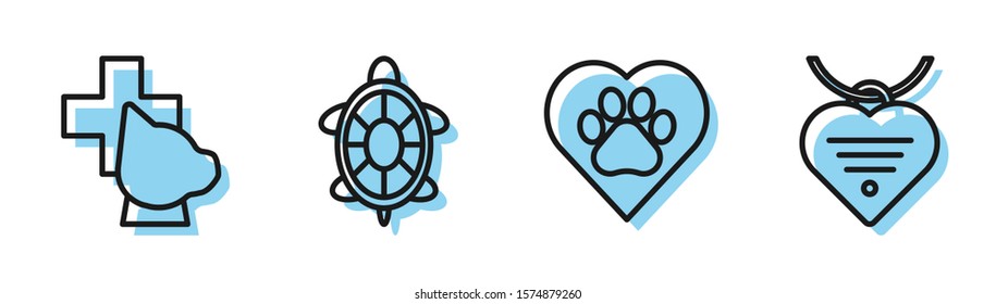 Set line Heart with animals footprint, Veterinary clinic symbol, Turtle and Collar with name tag and heart icon. Vector