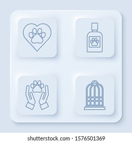 Set line Heart with animals footprint, Dog medicine bottle, Hands with animals footprint and Cage for birds. White square button. Vector