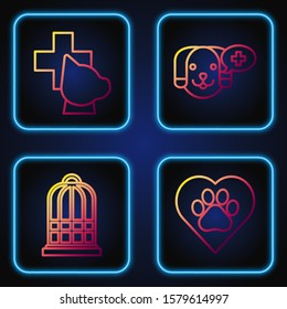 Set line Heart with animals footprint, Cage for birds, Veterinary clinic symbol and Veterinary clinic symbol. Gradient color icons. Vector