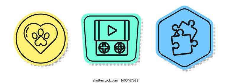 Set line Heart with animals footprint, Portable video game console and Piece of puzzle. Colored shapes. Vector