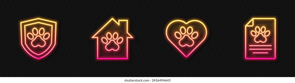 Set line Heart with animals footprint, Animal health insurance, Pet house and Medical clinical record pet. Glowing neon icon. Vector