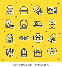 Set line Heart with animals footprint, Dog pill, Location veterinary, Hamster wheel, Bag of food,  and Veterinary ambulance icon. Vector