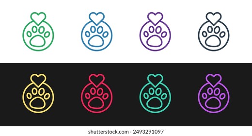Set line Heart with animals footprint icon isolated on black and white background. Pet paw in heart. Love to the animals.  Vector