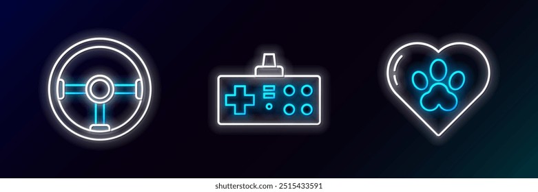 Set line Heart with animals footprint, Steering wheel and Gamepad icon. Glowing neon. Vector