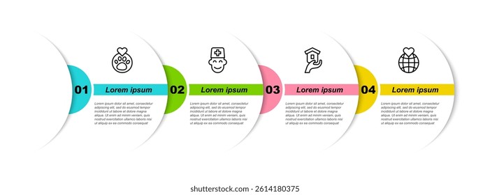 Set line Heart with animals footprint, Male doctor, Shelter for homeless and Hand holding Earth globe. Business infographic template. Vector