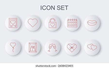 Set line Heart, Balloon in form of heart, Lock and, Candy shaped box, Photo frames hearts, Picture and Glass champagne icon. Vector