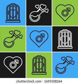 Fije la línea Corazón en la jaula de pájaro, Corazón con género masculino y Botella con el icono de la poción de amor. Vector