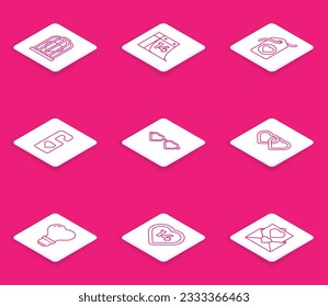 Fijar la línea Corazón en la jaula de pájaro, Calendario con 14 de febrero, etiqueta, Por favor no moleste el corazón, gafas de amor con forma, Dos corazones vinculados, bombilla e ícono. Vector