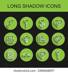 Corazón en la jaula del pájaro, Amour con corazón y flecha, Nota musical, corazones de tono, Forma de llave, Forma de globo de, Caja en forma de caramelo y Calendario 14 de febrero icono. Vector