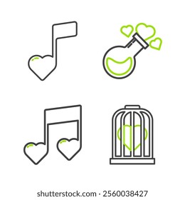 Set line Heart in the bird cage, Music note, tone with hearts, Bottle love potion and  icon. Vector