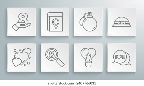 Set line Heart, Buchen Sie über Frauen, 8. März durchsuchen, Form in Glühbirne, Reden Blase mit Ich liebe dich, Parfüm, Eleganter Hut und auf der Hand Symbol. Vektorgrafik