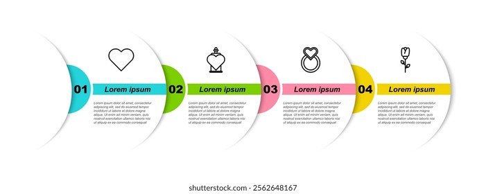 Set line Heart, Bottle with love potion, Wedding rings and Flower rose. Business infographic template. Vector