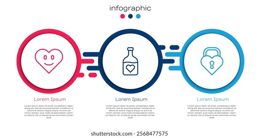 Set line Heart, Bottle with love potion and Castle in the shape of heart. Business infographic template. Vector