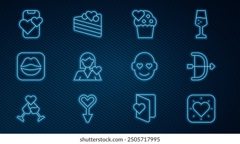 Set line Heart, Bow and arrow, Wedding cake, Romantic girl, Smiling lips, Dating app online mobile,  and  icon. Vector