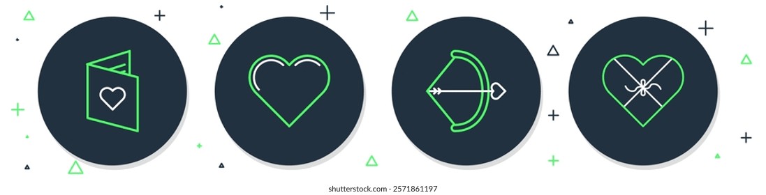 Set line Heart, Bow and arrow, Valentines day flyer with heart and Candy shaped box icon. Vector