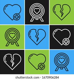 Set line Heart, Broken heart or divorce and Heart in the center of darts target aim icon. Vector