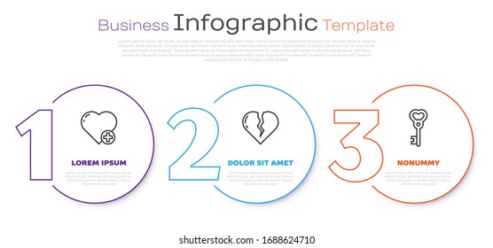 Set line Heart, Broken heart or divorce and Key in heart shape. Business infographic template. Vector
