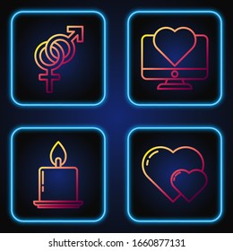 Set line Heart, Burning candle, Gender and Computer monitor with heart. Gradient color icons. Vector