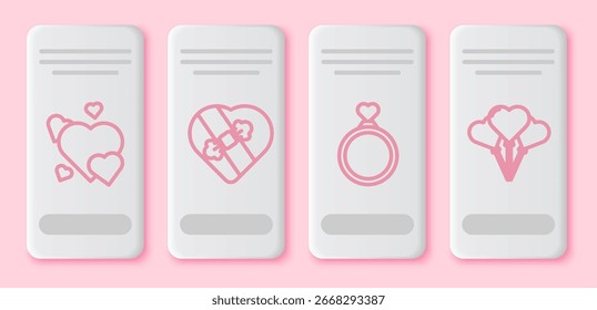 Set line Corazón, Caramelo en caja en forma de corazón, Anillos de boda y Globos en forma de corazón. Botón rectángulo blanco. Vector
