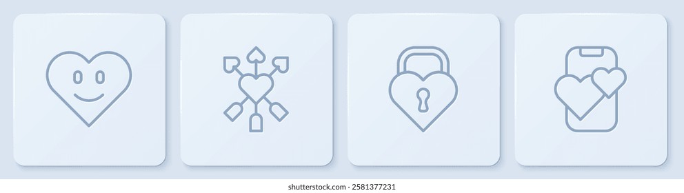 Set line Heart, Castle in the shape of heart, Amour with and arrow and Dating app online mobile. White square button. Vector