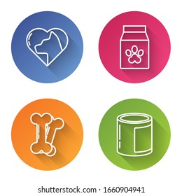 Set line Heart with cat, Bag of food for pet, Dog bone and Canned food. Color circle button. Vector