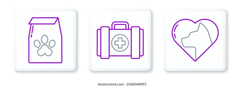 Set line Heart with cat, Bag of food for pet and Pet first aid kit icon. Vector