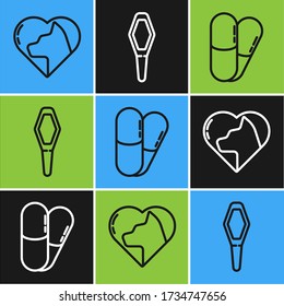 Set line Heart with cat, Dog and pills and Pets vial medical icon. Vector